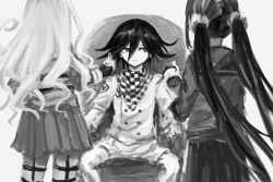 Rule 34 | 1boy, 2girls, absurdres, buttons, chair, checkered clothes, checkered scarf, danganronpa (series), danganronpa v3: killing harmony, double-breasted, facing away, from behind, grey background, greyscale, hair between eyes, harukawa maki, highres, iruma miu, long hair, long sleeves, looking at another, low twintails, mi (auu6l), miniskirt, monochrome, multiple girls, oma kokichi, pants, parted lips, pleated skirt, scarf, shirt, simple background, sitting, skirt, teeth, twintails, two-tone scarf