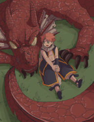 Rule 34 | 1boy, abs, claws, dragon, fairy tail, grass, green eyes, happy, haraheri (2812085), horns, igneel, male focus, monster, muscular, natsu dragneel, open clothes, open shirt, pink hair, sandals, scarf, shirt, short hair, sitting, smile, yellow eyes
