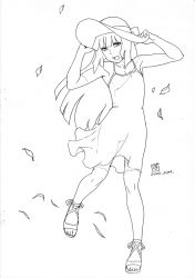 Rule 34 | 1boy, androgynous, armpits, bare shoulders, crossdressing, dress, greyscale, hat, highres, leaf, long hair, male focus, monochrome, natsuki (natsuyasumi.), natsuyasumi., official art, open mouth, po-ju, sandals, scan, see-through, signature, simple background, sketch, solo, summer, sun hat, sundress, trap, unfinished, wind