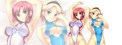 Rule 34 | 2girls, armpits, blonde hair, breasts, cameltoe, casual one-piece swimsuit, cleavage cutout, clothing cutout, covered erect nipples, earrings, green eyes, hairband, highres, impossible clothes, impossible shirt, jewelry, large breasts, multiple girls, niko (azurite), one-piece swimsuit, pink hair, rina tachibana, rio rollins, shirt, short hair, sideboob, super blackjack, swimsuit, tate machi, zoom layer