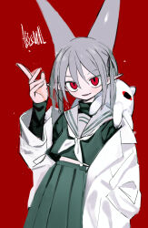 Rule 34 | 1girl, abysmal, black ribbon, black serafuku, black shirt, black skirt, black undershirt, blush, coat, contrapposto, copyright name, creature, creature on shoulder, fang, grey hair, grey sailor collar, hair horns, hair ribbon, hand in pocket, hand up, index finger raised, kokaki mumose, lab coat, long hair, long pointy ears, long sleeves, looking at viewer, midriff peek, moneko (null-meta), neckerchief, on shoulder, open clothes, open coat, open mouth, pleated skirt, pointy ears, red background, red eyes, ribbon, sailor collar, school uniform, serafuku, shion (abysmal), shirt, simple background, skirt, slit pupils, smile, solo, white coat, white neckerchief