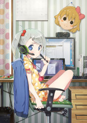 Rule 34 | 1girl, bad id, bad pixiv id, barefoot, blouse, blue eyes, blue jacket, blush, bow, calendar (object), chair, closed mouth, computer, controller, curtains, day, domo1220, drawing tablet, feet on chair, food, from side, game controller, hair bobbles, hair ornament, hairclip, headphones, headset, holding, holding stylus, indoors, jacket, unworn jacket, keyboard (computer), looking at viewer, mask, monitor, office chair, one side up, orange shorts, original, pink bow, polka dot, polka dot shirt, pom pom (clothes), shirt, short shorts, short sleeves, shorts, silver hair, sitting, solo, striped, stylus, sunlight, swept bangs, swivel chair, toenails, toes, vertical stripes, yellow shirt