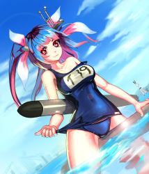 Rule 34 | 10s, 2girls, absurdres, bad id, bad pixiv id, blue hair, breasts, female focus, highres, i-19 (kancolle), kantai collection, large breasts, long hair, multiple girls, ocean, one-piece swimsuit, outdoors, pjman, red eyes, school swimsuit, shimakaze (kancolle), sky, solo, star-shaped pupils, star (symbol), swimsuit, symbol-shaped pupils, torpedo, twintails