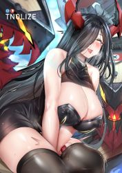 Rule 34 | 1girl, ahegao, azur lane, bare shoulders, black dress, black hair, black thighhighs, blush, breasts, cleavage, covered erect nipples, dress, friedrich der grosse (azur lane), hair over one eye, highres, horns, large breasts, long hair, looking at viewer, machinery, pixiv username, red horns, sex toy, sitting, smile, solo, sweatdrop, thighhighs, thighs, tnolize, turret, very long hair, vibrator, vibrator under clothes, yellow eyes