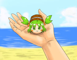 Rule 34 | 1girl, 1other, :t, beach, blush stickers, bucket, chibi, cloud, crab, day, female focus, hermit crab, in palm, kieeyo, kisume, object on head, ocean, outdoors, pout, shell, sky, touhou, water, yukkuri shiteitte ne