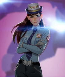 Rule 34 | 1girl, animal print, backlighting, belt buckle, black pants, blue shirt, blurry, blurry background, breast pocket, breasts, brown eyes, brown hair, buckle, buttons, collared shirt, cowboy shot, crossed arms, d.va (overwatch), eyelashes, facepaint, facial mark, female service cap, gloves, hat, lips, long hair, long sleeves, looking at viewer, mecha, medium breasts, meka (overwatch), mistermagnolia, necktie, nose, officer d.va, official alternate costume, overwatch, overwatch 1, pants, patch, pink lips, pocket, purple background, rabbit print, raised eyebrow, realistic, robot, shirt, smirk, smug, solo, whisker markings, white gloves