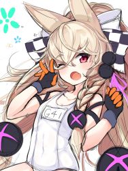 Rule 34 | 1girl, ;o, bare shoulders, black gloves, blonde hair, bow, braid, breasts, character name, checkered bow, checkered clothes, collarbone, commentary, covered navel, fang, g41 (beach punk 2064) (girls&#039; frontline), g41 (girls&#039; frontline), girls&#039; frontline, gloves, hair between eyes, hair bow, hair ornament, hair ribbon, hands up, head tilt, highres, j young, long hair, low-tied long hair, name tag, official alternate costume, old school swimsuit, one-piece swimsuit, one eye closed, open mouth, pink ribbon, red eyes, ribbon, school swimsuit, simple background, sketch, small breasts, solo, swimsuit, very long hair, white background, white one-piece swimsuit, white school swimsuit