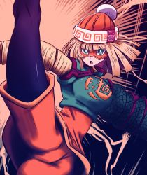 Rule 34 | 1girl, arms (game), ass, batchgooya, beanie, blonde hair, blunt bangs, chinese clothes, domino mask, facepaint, food, green eyes, hat, highres, kicking, knit hat, leggings, leggings under shorts, looking at viewer, mask, min min (arms), nintendo, noodles, open mouth, pantyhose, short hair, shorts, solo, super smash bros.