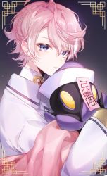 Rule 34 | 1boy, black background, blue eyes, from side, hair behind ear, highres, holding, holding stuffed toy, jacket, looking at viewer, male focus, minase (neo-porte), neo-porte, parted lips, pink hair, pink sweater, solo, stuffed toy, sweater, talisman, virtual youtuber, white jacket, xoco