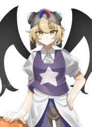Rule 34 | 1other, a c bb, androgynous, black wings, blonde hair, blue pants, center frills, closed mouth, collared shirt, commentary request, frills, goggles, goggles on headwear, grey helmet, hand on own hip, helmet, highres, len&#039;en, looking at viewer, magnet, other focus, pants, puffy short sleeves, puffy sleeves, purple vest, shirt, short hair, short sleeves, simple background, socks, solo, star (symbol), star print, umatachi tsugumi, vest, white background, white shirt, white socks, wings, yellow eyes