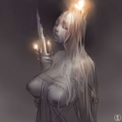 Rule 34 | 1girl, breasts, broken, broken sword, broken weapon, candle, candle wax, candlelight, closed eyes, colored skin, dark areolae, dark nipples, dark souls (series), dark souls iii, grand archives scholar, grey background, grey skin, highres, holding, holding weapon, inverted nipples, large breasts, lips, nat the lich, nipples, no bra, nose, solo, sword, torn clothes, undead, weapon