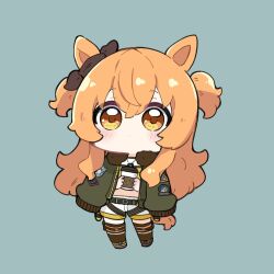 Rule 34 | 1girl, animal ears, black ribbon, blush, bow, brown eyes, brown footwear, brown thighhighs, chibi, closed mouth, coffee cup, commentary, cup, disposable cup, ear ribbon, full body, fur-trimmed jacket, fur trim, green jacket, grey background, hair between eyes, highres, holding, holding cup, horse ears, horse girl, horse tail, jacket, jacket on shoulders, long sleeves, looking at viewer, mayano top gun (umamusume), nozo (hitomiz), open clothes, open jacket, orange hair, puffy long sleeves, puffy sleeves, ribbon, shirt, shoes, short shorts, shorts, solo, standing, symbol-only commentary, tail, thighhighs, two side up, umamusume, white shorts, yellow shirt