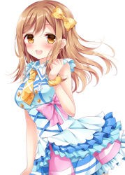 Rule 34 | 10s, 1girl, :d, alternate costume, bow, breasts, brown eyes, brown hair, commentary request, frilled skirt, frills, hair bow, kunikida hanamaru, large breasts, long hair, looking at viewer, love live!, love live! school idol festival, love live! sunshine!!, neckerchief, nogi takayoshi, open mouth, scrunchie, simple background, skirt, smile, solo, white background, wrist cuffs, wrist scrunchie