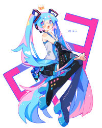 Rule 34 | 1girl, 39, :d, absurdres, aqua eyes, aqua hair, aqua necktie, aqua skirt, bare shoulders, black footwear, black skirt, black sleeves, boots, bright pupils, character name, commentary, crown, detached sleeves, fang, full body, grey shirt, hand on own knee, hatsune miku, headset, highres, long hair, looking to the side, miku day, miniskirt, multicolored clothes, multicolored skirt, necktie, open mouth, pleated skirt, shirt, sitting, skirt, sleeveless, sleeveless shirt, smile, solo, thigh boots, twintails, uenomigi, v arms, very long hair, vocaloid, white pupils