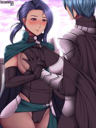 Rule 34 | 1boy, 1girl, alternate costume, alternate hairstyle, armor, artist name, black gloves, blue hair, blush, grabbing another&#039;s breast, breasts, breasts out, brown legwear, byleth (fire emblem), byleth (male) (fire emblem), cameltoe, cape, cleft of venus, closed mouth, elbow gloves, fire emblem, fire emblem: three houses, gloves, grabbing, groping, guided breast grab, guiding hand, hetero, highres, large breasts, long hair, long sleeves, lumarianne20, nintendo, ponytail, purple eyes, pussy, see-through, shamir nevrand, thighs, wide hips