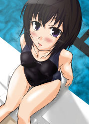 Rule 34 | 1girl, amagami, black eyes, black hair, competition swimsuit, from above, highres, nanasaki ai, ochatsumi, one-piece swimsuit, perspective, pool, poolside, short hair, solo, swimsuit, thigh gap