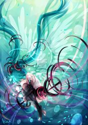 Rule 34 | 1girl, aqua hair, bad id, bad pixiv id, closed eyes, elbow gloves, female focus, gloves, gradient background, hatsune miku, hatsune miku (append), instocklee, long hair, solo, thighhighs, twintails, underwater, very long hair, vocaloid, vocaloid append, wings