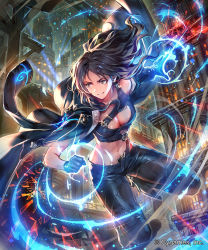 Rule 34 | 10s, 1girl, black footwear, black gloves, black hair, black pants, boots, breasts, brown eyes, building, cleavage, clenched hand, company name, dei (shingeki no bahamut), gloves, high heels, highres, jacket, long hair, magic, navel, official art, okada manabi, open clothes, open jacket, outstretched arm, pants, parted lips, shingeki no bahamut, smile, solo, watermark, window