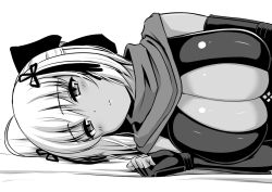 Rule 34 | 1girl, ahoge, arm guards, black bow, blush, bow, dark-skinned female, dark skin, fate/grand order, fate (series), fingerless gloves, gloves, greyscale, hair between eyes, kanno takanori, koha-ace, long hair, looking at viewer, lying, monochrome, okita souji (fate), okita souji alter (fate), okita souji alter (first ascension) (fate), on side, parted lips, scarf, solo, tassel, white hair