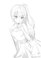 Rule 34 | 1girl, :o, absurdres, bad id, bad twitter id, bare shoulders, breasts, cross, cross earrings, dress, earrings, finger to mouth, greyscale, hair ornament, highres, jewelry, long hair, looking at viewer, monochrome, ponytail, rwby, scar, simple background, sleeveless, sleeveless dress, slslsl7266, weiss schnee, white background