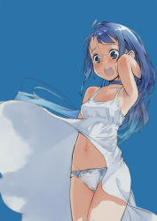 Rule 34 | 1girl, alternate costume, blue background, blue choker, blue eyes, blue hair, branch (blackrabbits), choker, clothes lift, commentary request, cowboy shot, dress, dress lift, dress shirt, embarrassed, gradient hair, kantai collection, long hair, multicolored hair, open mouth, panties, round teeth, samidare (kancolle), shirt, sleeveless, sleeveless dress, solo, standing, swept bangs, teeth, underwear, upper teeth only, very long hair, white dress, white panties, wind, wind lift