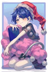 Rule 34 | 1girl, :3, aokihatoba 01, black capelet, blue eyes, blue hair, blush, book, border, capelet, corrupted twitter file, doremy sweet, fingernails, full body, hair over one eye, hat, highres, holding, holding book, hugging object, looking at viewer, nightcap, outside border, pom pom (clothes), red hat, seiza, short hair, short sleeves, simple background, sitting, smile, solo, tail, tapir tail, touhou, twitter username, white border, wool