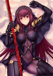 Rule 34 | 1girl, armor, bodysuit, breasts, circlet, fate/grand order, fate (series), female focus, forehead jewel, gae bolg (fate), gem, gloves, gluteal fold, holding, holding weapon, jilllxlxl, large breasts, long hair, looking at viewer, lying, on back, panties, parted lips, pauldrons, polearm, purple bodysuit, purple hair, red eyes, scathach (fate), shoulder armor, solo, spear, thighhighs, underwear, veil, very long hair, weapon