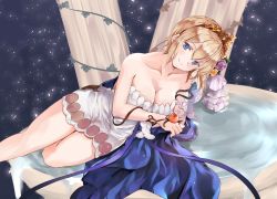 Rule 34 | 1girl, bad id, bad pixiv id, bare shoulders, blonde hair, blue eyes, breasts, cleavage, closed mouth, collarbone, commentary request, dress, europa (granblue fantasy), flower, granblue fantasy, hair between eyes, hair flower, hair ornament, highres, large breasts, looking at viewer, pillar, short hair, smile, solo, soraneko hino, tiara