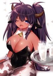 Rule 34 | 1girl, ;d, animal ears, animal print, bare shoulders, bell, black leotard, blush, breasts, brown pantyhose, cleavage, collar, commentary request, covered navel, cow ears, cow girl, cow horns, cow print, cup, dark-skinned female, dark skin, detached collar, drinking glass, fang, glint, hair between eyes, highres, holding, holding tray, horns, large breasts, leotard, looking at viewer, milk, mofuaki, neck bell, one eye closed, open mouth, original, pantyhose, print pantyhose, purple eyes, purple hair, sitting, smile, solo, strapless, strapless leotard, thick eyebrows, tray, two side up, white background, white collar, wrist cuffs