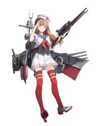 Rule 34 | 1girl, absurdres, blue eyes, brown hair, chain, character name, cleavage cutout, clothing cutout, full body, gun, headgear, highres, holding, holding gun, holding weapon, long hair, looking at viewer, machinery, northampton (warship girls r), official art, pleated skirt, puffy short sleeves, puffy sleeves, red thighhighs, sailor collar, salute, short sleeves, shuang ye, skirt, smile, solo, thighhighs, transparent background, warship girls r, weapon, white background, white skirt, zettai ryouiki
