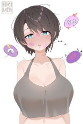 Rule 34 | 1girl, absurdres, aqua eyes, bare shoulders, blush, breasts, brown hair, cleavage, crop top, hakimen, highres, hololive, implied yuri, large breasts, lipstick mark, midriff, navel, oozora subaru, open mouth, saliva, short hair, simple background, solo, sweat, upper body, virtual youtuber, white background
