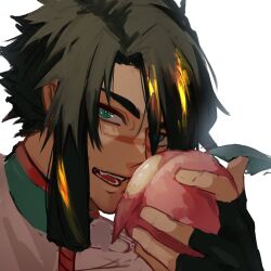 Rule 34 | 1boy, black hair, blonde hair, blue eyes, dark-skinned male, dark skin, facial scar, fate/grand order, fate (series), food, front ponytail, fruit, hair between eyes, hand up, haruakira, highres, holding, holding food, holding fruit, huang feihu (fate), long hair, looking at viewer, male focus, multicolored hair, open mouth, peach, portrait, scar, scar on cheek, scar on face, scar on nose, solo, streaked hair, thick eyebrows, toned, toned male