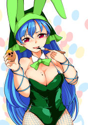 Rule 34 | 1girl, absurdres, animal ears, arm ribbon, bare shoulders, blue hair, bow, bowtie, breasts, cleavage, detached collar, easter, easter egg, egg, fake animal ears, fishnet pantyhose, fishnets, green bow, green bowtie, green leotard, haniyasushin keiki, head scarf, highres, joutouguu mayumi, kaisenpurin, large breasts, leotard, licking, long hair, looking at viewer, paintbrush, pantyhose, playboy bunny, rabbit ears, red eyes, ribbon, solo, tongue, tongue out, touhou, very long hair