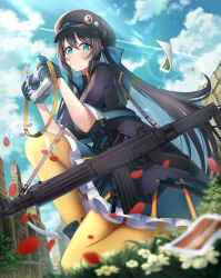 Rule 34 | 1girl, absurdres, assault rifle, blue eyes, blue gloves, blue hair, blue sky, brown hair, camera, closed mouth, cloud, cloudy sky, colored inner hair, commentary, day, dress, expressionless, falling petals, fara 83 (girls&#039; frontline), flower, full body, girls&#039; frontline, gloves, gun, gun sling, hair between eyes, hat, highres, holding, holding camera, long hair, looking at viewer, multicolored hair, numaguro (tomokun0808), outdoors, pantyhose, petals, photo (object), rifle, sky, solo, weapon, yellow pantyhose
