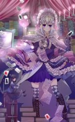 Rule 34 | 1girl, alice margatroid, bad id, bad pixiv id, blonde hair, blush, book, boots, candle, card, cross-laced footwear, doll, embellished costume, eyelashes, female focus, flower, frills, hairband, highres, lace-up boots, playing card, purple eyes, rose, shunsuke, smile, solo, thighhighs, touhou