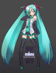 Rule 34 | 1girl, aqua eyes, aqua hair, aqua necktie, black thighhighs, blouse, blush, boots, character name, chestnut mouth, coffee cat, collared shirt, detached sleeves, grey background, grey shirt, hair between eyes, hand on own head, hatsune miku, legs, long hair, necktie, shirt, skirt, sleeveless, sleeveless shirt, solo, tattoo, thigh boots, thighhighs, twintails, very long hair, vocaloid, zettai ryouiki
