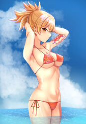 Rule 34 | 1girl, absurdres, aoikito lavender086, arm tattoo, arms behind head, bare arms, bare shoulders, bikini, blonde hair, blue sky, blush, breasts, cloud, commentary, covered erect nipples, cowboy shot, day, genshin impact, highres, large breasts, looking at viewer, navel, ponytail, red bikini, revision, short hair, side-tie bikini bottom, sky, solo, standing, stomach, swimsuit, tattoo, thighs, wading, water, yellow eyes, yoimiya (genshin impact)