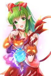 Rule 34 | 1girl, :d, bare shoulders, blush, bow, bridal gauntlets, commentary request, costume, demon horns, demon tail, dragonstone, dress, female focus, fire emblem, fire emblem heroes, glowing, green eyes, green hair, hair bow, halloween, halloween costume, hands up, head tilt, highres, holding, horns, jack-o&#039;-lantern, long hair, looking at viewer, matching hair/eyes, nintendo, official alternate costume, oni, oni horns, open mouth, pointy ears, ponytail, red bow, red dress, satoimo chika, sidelocks, sleeveless, sleeveless dress, smile, solo, tail, tail raised, tiki (fire emblem), tiki (young) (fire emblem), torn clothes, torn dress, white background