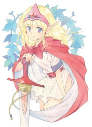 Rule 34 | 1girl, agahari, blonde hair, cape, holding, long pointy ears, looking at viewer, lorien, lorien (monster maker), monster maker, pointy ears, purple eyes, smile, sword, traditional media, weapon