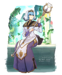 Rule 34 | 1girl, absurdres, artist name, blue hair, border, closed mouth, commentary, dress, english commentary, fire emblem, fire emblem echoes: shadows of valentia, full body, gold trim, green eyes, highres, holding, holding staff, jewelry, long dress, nintendo, outdoors, outside border, short hair, sierra117renner, silque (fire emblem), sitting, smile, solo, staff, twitter username, white border, white headwear