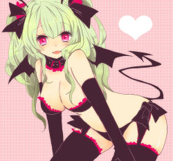Rule 34 | 1girl, black thighhighs, bra, breasts, cleavage, demon girl, elbow gloves, fangs, garter straps, gloves, green hair, hair ribbon, large breasts, long hair, nichrome, original, panties, red eyes, ribbon, smile, solo, tail, thighhighs, twintails, underwear, underwear only, wings