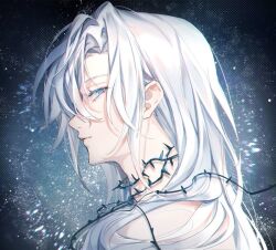 Rule 34 | 1boy, bishounen, blue eyes, i became a god in a horror game, long hair, looking at another, male focus, profile, shirt, sidelocks, tavel, thorns, upper body, very long hair, white hair, white shirt, zaphylla