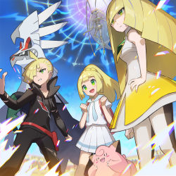 Rule 34 | 1boy, 2girls, backpack, bag, black pants, blonde hair, blush, brother and sister, clefairy, clenched hands, closed mouth, commentary request, creatures (company), dress, game freak, gen 1 pokemon, gen 7 pokemon, gladion (pokemon), green eyes, hair over one eye, hand on own hip, hands up, legendary pokemon, lillie (pokemon), long hair, long sleeves, lusamine (pokemon), mother and daughter, mother and son, multiple girls, nintendo, official art, open mouth, pants, pheromosa, pleated skirt, pokemon, pokemon (creature), pokemon masters ex, pokemon sm, saitou naoki, short sleeves, siblings, silvally, skirt, standing, teeth, tongue, ultra beast