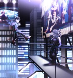 Rule 34 | 2boys, against railing, ankle boots, artist name, baggy pants, bakugou katsuki, bare shoulders, belt, belt pouch, black footwear, black mask, black pants, black sky, black tank top, blonde hair, blood, blood on face, bloom, blue gloves, blurry, blurry background, blurry foreground, bodysuit, boku no hero academia, boots, buckle, building, can, catwalk (walkway), city, city lights, colored shoe soles, combat boots, cross-laced footwear, cuts, detached sleeves, drink, drinking, elbow rest, explosive, eye mask, freckles, from side, full body, glass wall, gloves, glowing, green belt, green bodysuit, green gloves, green hair, grenade, hand up, hands up, headgear, heel up, holding, holding can, holding drink, injury, jumping, knee pads, landing, light, looking at another, male focus, maneki-neko (fujifuji), midair, midoriya izuku, multiple boys, night, open mouth, orange gloves, outdoors, outstretched arms, outstretched legs, pants, pouch, profile, railing, red belt, red eyes, screen, shadow, short hair, sidelighting, sky, sleeveless, snap-fit buckle, spiked hair, spread arms, standing, tank top, toned, toned male, torn clothes, torn mask, torn sleeves, torn tank top, two-tone gloves, utility belt, v-neck, white gloves, wrist guards, x