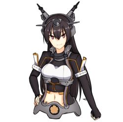 Rule 34 | 1girl, black gloves, black hair, clenched hand, elbow gloves, fingerless gloves, gloves, hand on own hip, highres, kantai collection, long hair, looking at viewer, midriff, nagato (kancolle), nagato kai ni (kancolle), navel, red eyes, simple background, smile, solo, upper body, white background, yuubokumin