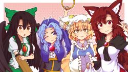 Rule 34 | 4girls, :3, ;), animal ear fluff, animal ears, animal hat, antenna hair, arm cannon, arms up, black dress, black hair, black wings, blonde hair, blue capelet, blue eyes, blue hair, blush, border, bow, breasts, brooch, brown eyes, brown hair, capelet, center frills, collarbone, commentary, dress, english commentary, eyelashes, feathered wings, forehead, fox tail, frilled shirt collar, frills, green bow, green skirt, hair between eyes, hair bow, halftone, halftone background, hand up, hat, head tilt, holding, hood, hooded capelet, imaizumi kagerou, jewelry, kesa, kumoi ichirin, large breasts, long hair, looking at viewer, medium breasts, mob cap, multiple girls, multiple tails, one eye closed, open mouth, outline, outside border, pink background, puffy short sleeves, puffy sleeves, red eyes, reiuji utsuho, ring, shirt, short sleeves, sidelocks, skirt, skirt hold, smile, tabard, tail, thick eyebrows, touhou, upper body, v, weapon, white border, white dress, white headwear, white outline, white shirt, wings, wolf ears, wool (miwol), yakumo ran, yellow eyes