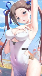 Rule 34 | 1girl, absurdres, arm up, armpits, bare arms, bare shoulders, blue eyes, blurry, breasts, brown hair, china dress, chinese clothes, cleavage, clothing cutout, covered navel, cowboy shot, day, depth of field, dress, gradient hair, hair ribbon, highres, long hair, looking at viewer, medium breasts, multicolored hair, nail polish, no panties, open mouth, outdoors, parted bangs, pelvic curtain, ribbon, side cutout, sleeveless, sleeveless dress, solo, standing, sweat, thighs, tongue, tongue out, tower of fantasy, twintails, underboob cutout, v, wet, white dress, xiatian, yulan (tower of fantasy)