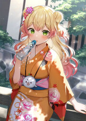 Rule 34 | 1girl, :o, blonde hair, blurry, blurry background, blush, bottle, commentary request, day, depth of field, double bun, flower, gradient hair, green eyes, hair between eyes, hair bun, hair flower, hair ornament, holding, holding bottle, hololive, japanese clothes, kimono, long hair, long sleeves, looking at viewer, momoshiki tsubaki, momosuzu nene, multicolored hair, nail polish, obi, on railing, orange kimono, outdoors, parted lips, purple flower, railing, ramune, red flower, red hair, red nails, sash, solo, two side up, very long hair, virtual youtuber, water bottle, wide sleeves