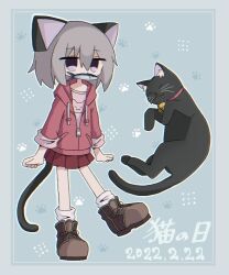 Rule 34 | 1girl, animal, animal ears, black cat, blue background, border, brown footwear, cat, cat day, cat ears, cat girl, cat tail, dated, drawstring, fish, fish in mouth, food in mouth, full body, grey hair, hair between eyes, hood, hood down, hooded jacket, jacket, kanikan, long sleeves, looking at viewer, medium hair, miniskirt, mouth hold, original, outline, partially unzipped, paw print, pleated skirt, purple eyes, red jacket, red skirt, shoes, skirt, sleeves rolled up, socks, solo, standing, tail, white outline, white socks, zipper pull tab