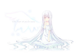 Rule 34 | 1girl, bad id, bad pixiv id, bare shoulders, dress, hand on own face, latin text, long hair, mishima kurone, original, red eyes, reflection, sitting, solo, tears, text focus, translated, very long hair, white hair, wings